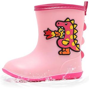 imageBDuck Kids Rubber Rain Boots Toddler Shoes Cute Cartoon Dinosaur Waterproof Boots for Boys GirlsPink